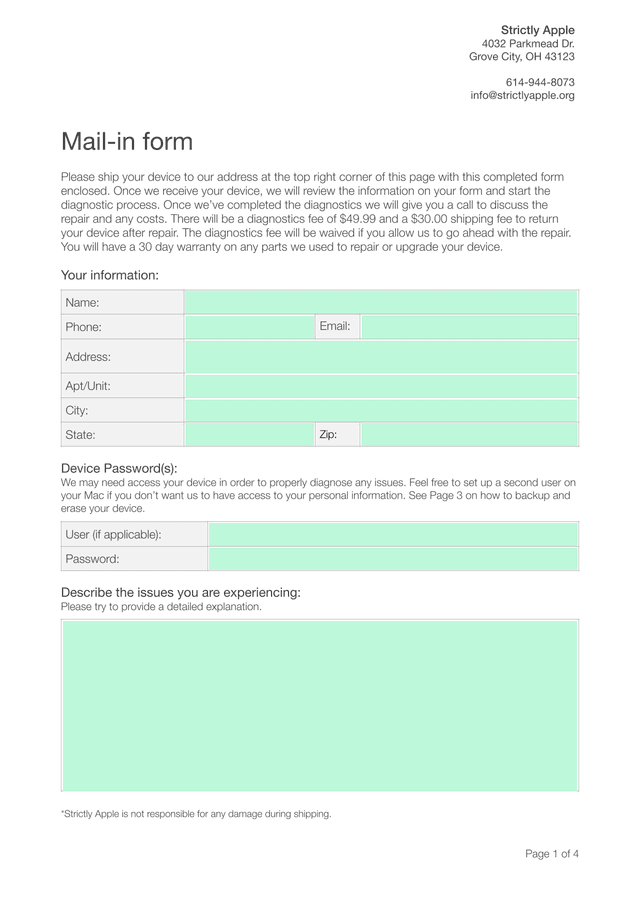 Strictly Apple Device Repair Form screenshot