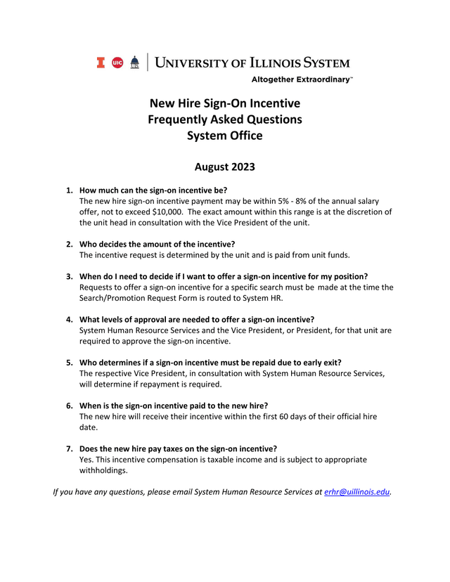 New Hire Sign On Incentive Frequently Asked Questions screenshot