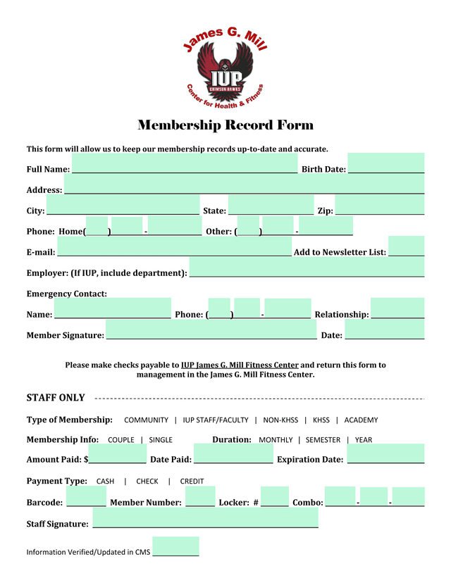 Membership Record Form screenshot