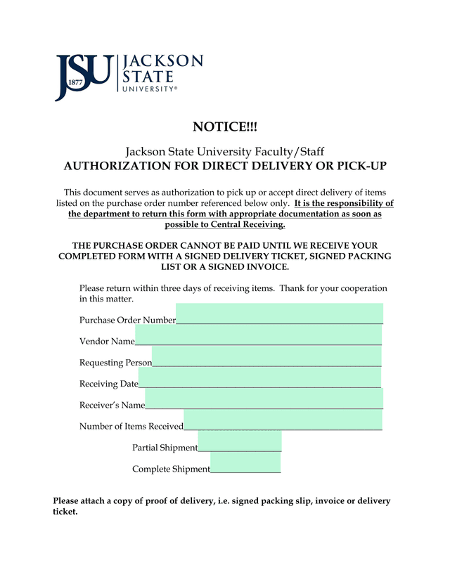 Jackson State University FacultyStaff Authorization For Direct Delivery Or Pick Up screenshot
