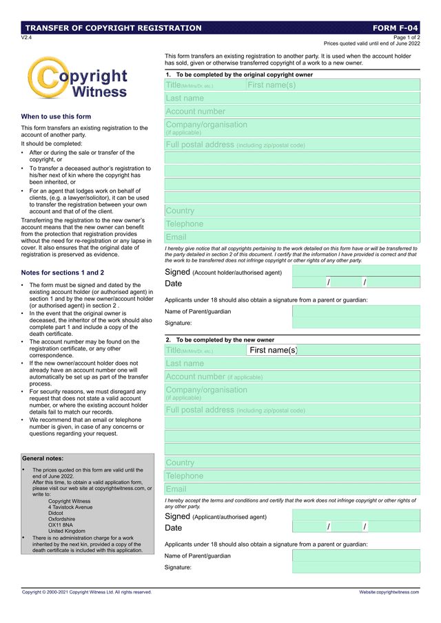 TRANSFER OF COPYRIGHT REGISTRATION FORM F 04 screenshot