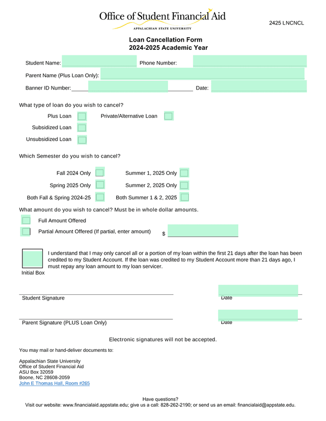 Loan Cancellation Form screenshot