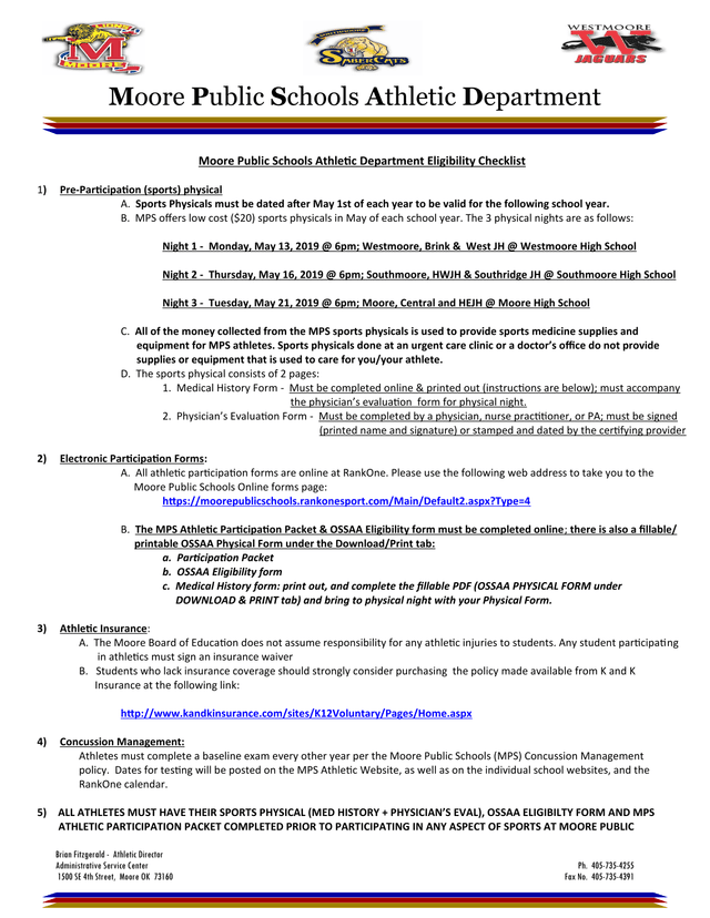 Moore Public Schools Athletic Department Eligibility Checklist screenshot