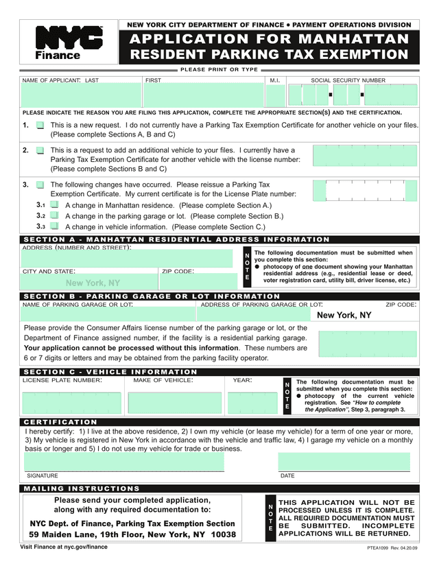 Application For Manhattan Resident Parking Tax Exemption screenshot