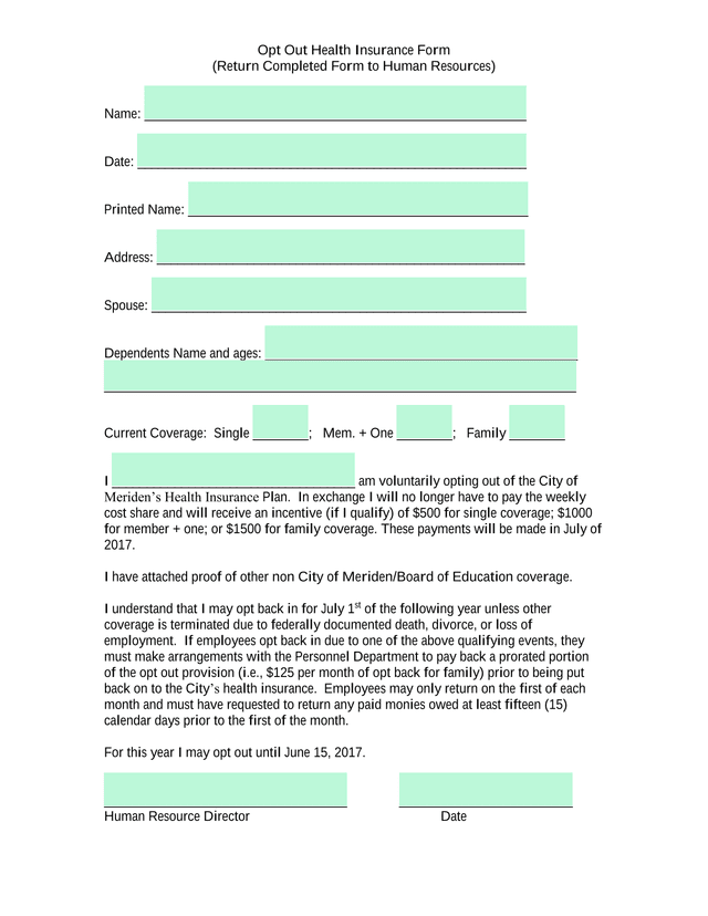 Opt Out Health Insurance Form screenshot