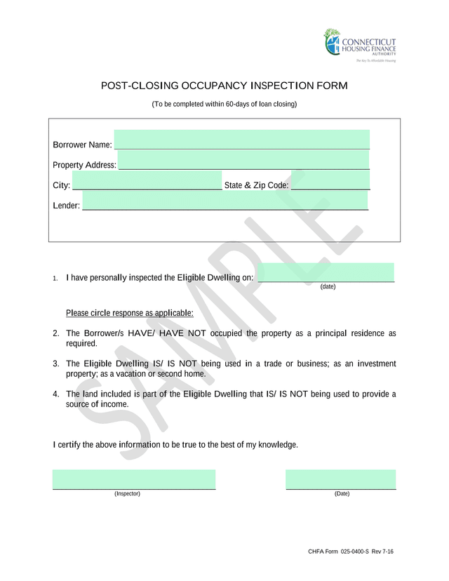 POST CLOSING OCCUPANCY INSPECTION FORM screenshot