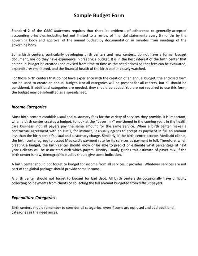 Sample Budget Form screenshot