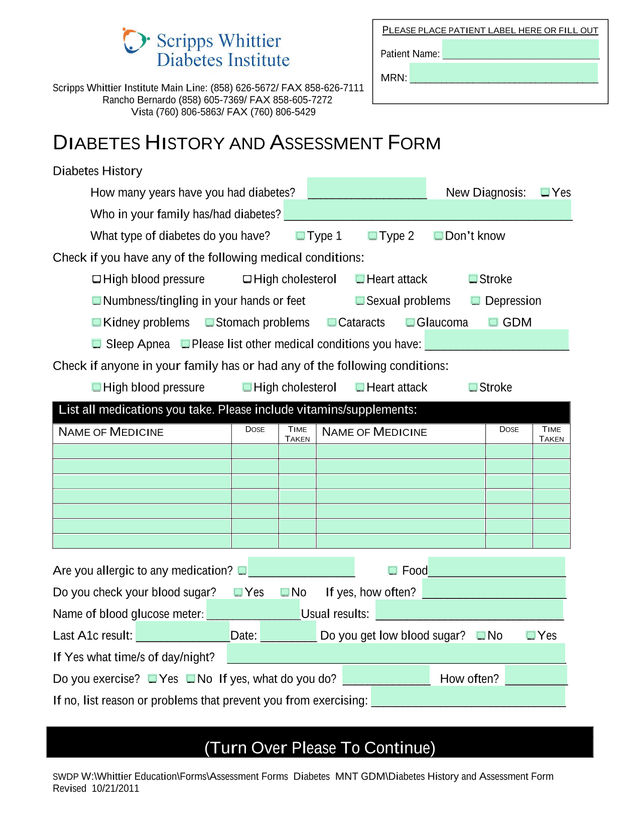 Diabetes History And Assessment Form screenshot