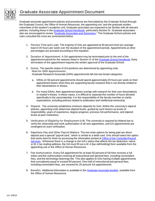 Graduate Associate Appointment Document screenshot