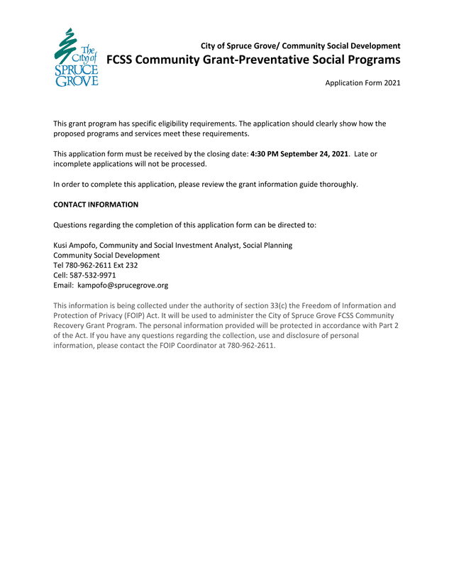 FCSS Community Grant Preventative Social Programs Application Form 2021 screenshot