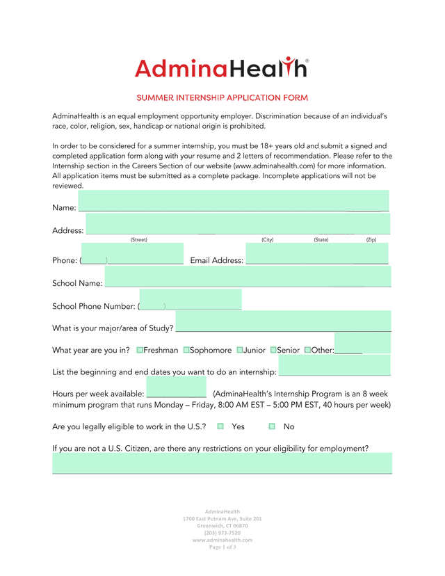 Summer Internship Application Form screenshot