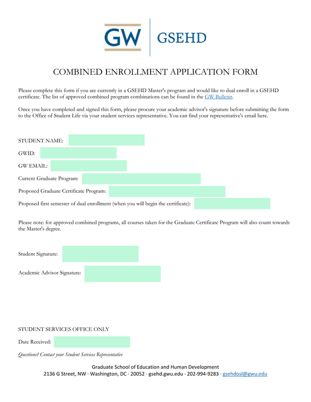 Combined Enrollment Application Form screenshot
