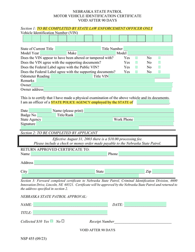 NSP 455 Motor Vehicle Identification Certificate screenshot