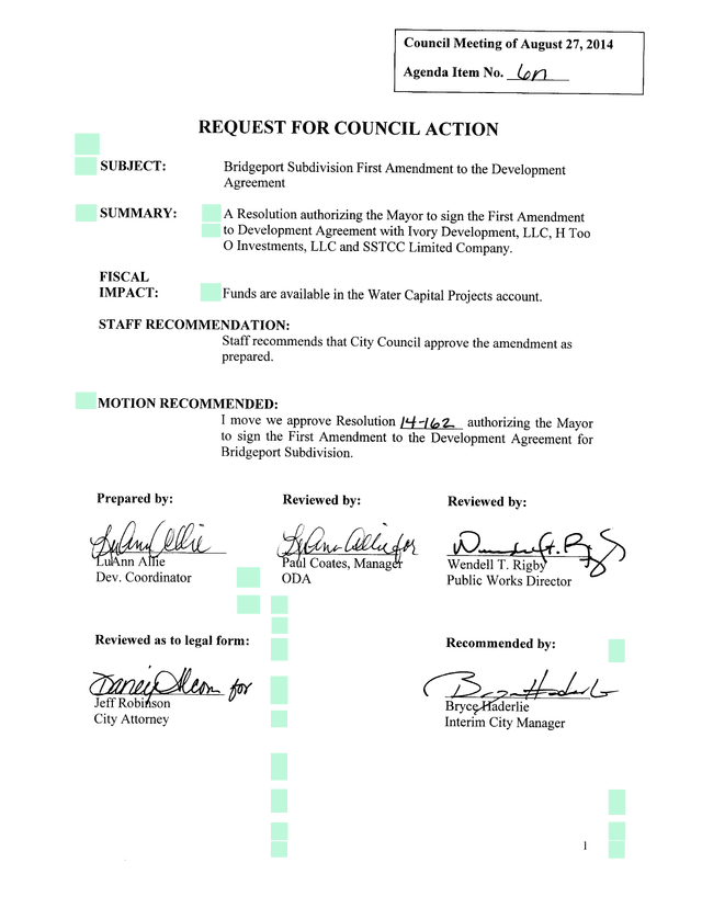 Request For Council Action   Bridgeport Subdivision First Amendment To Development Agreement screenshot