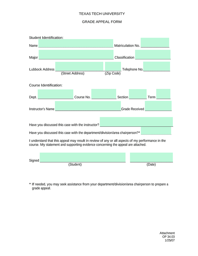TEXAS TECH UNIVERSITY GRADE APPEAL FORM screenshot