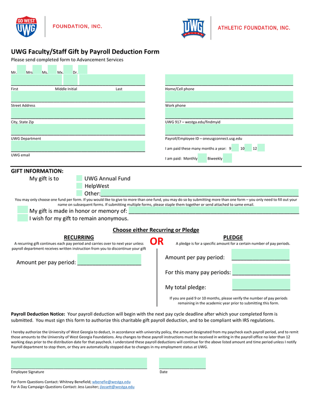 UWG FacultyStaff Gift By Payroll Deduction Form screenshot