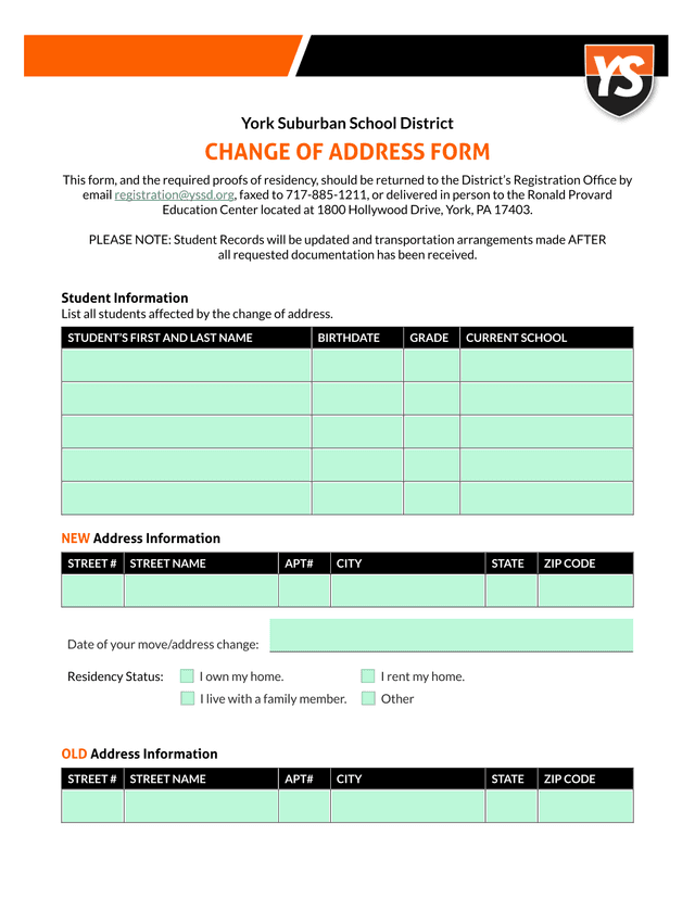 York Suburban School District Change Of Address Form screenshot