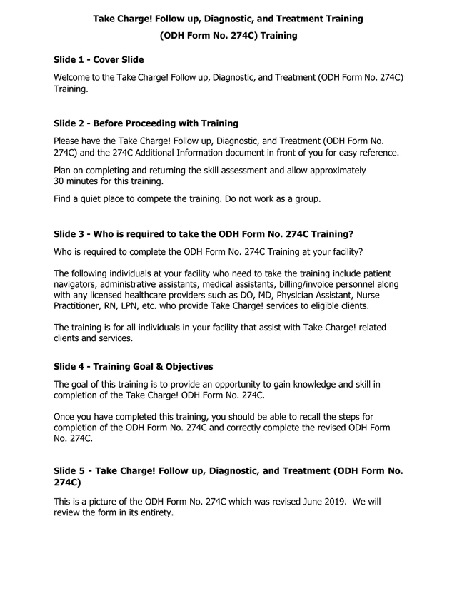 Take Charge Follow Up, Diagnostic, And Treatment Training (ODH Form No. 274C) screenshot