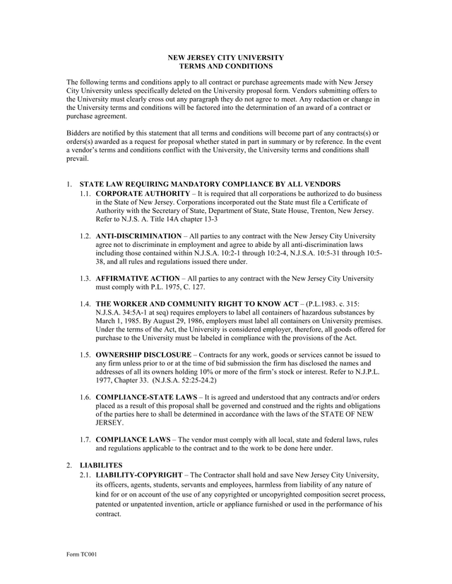 Form TC001 NEW JERSEY CITY UNIVERSITY TERMS AND CONDITIONS screenshot