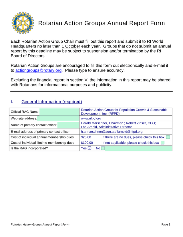 Rotarian Action Groups Annual Report Form screenshot