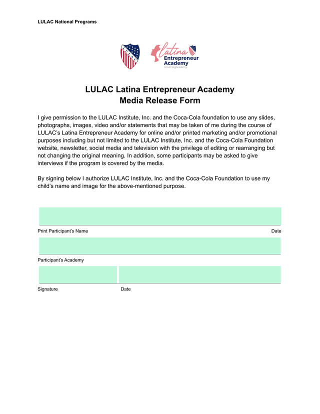 LULAC Latina Entrepreneur Academy Media Release Form screenshot
