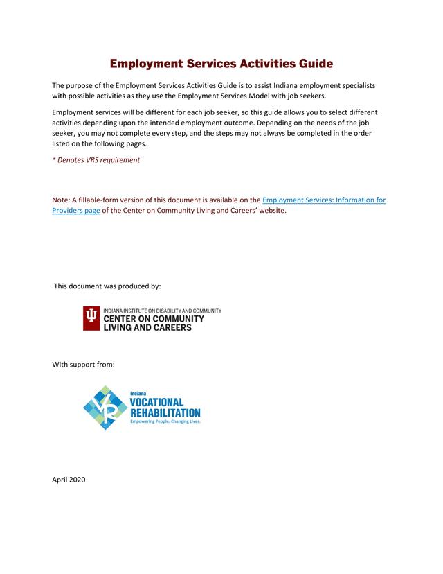 Employment Services Activities Guide screenshot