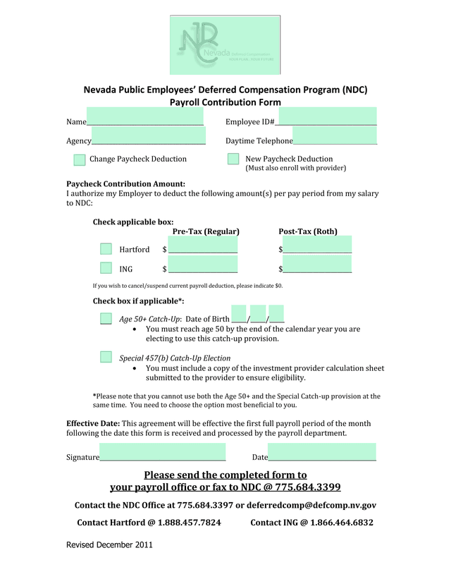 Nevada Public Employees Deferred Compensation Program (NDC) Payroll Contribution Form screenshot