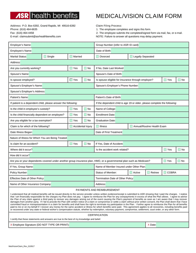 MEDICALVISION CLAIM FORM screenshot