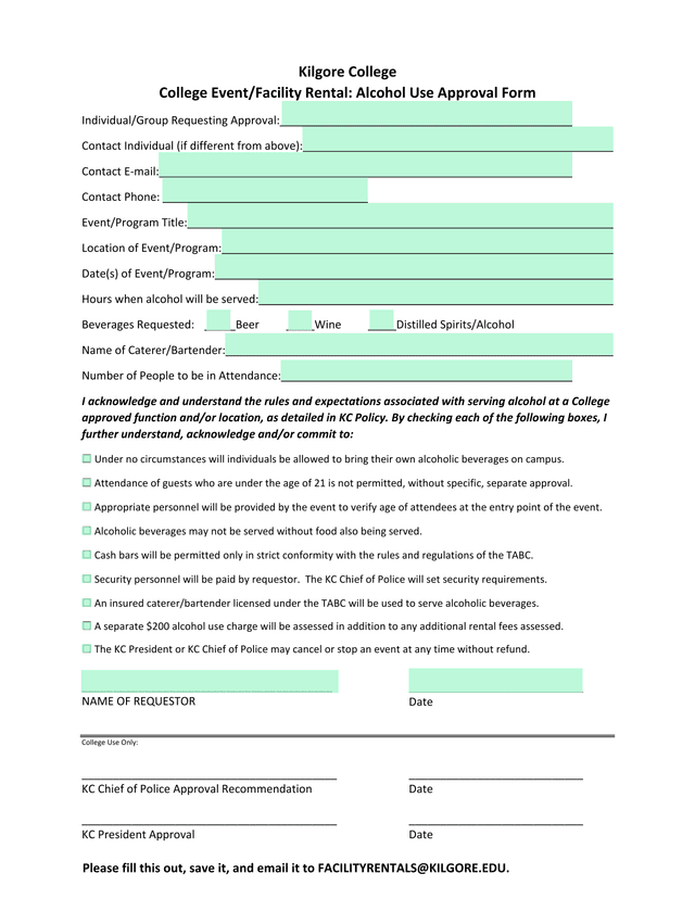 College EventFacility Rental Alcohol Use Approval Form screenshot