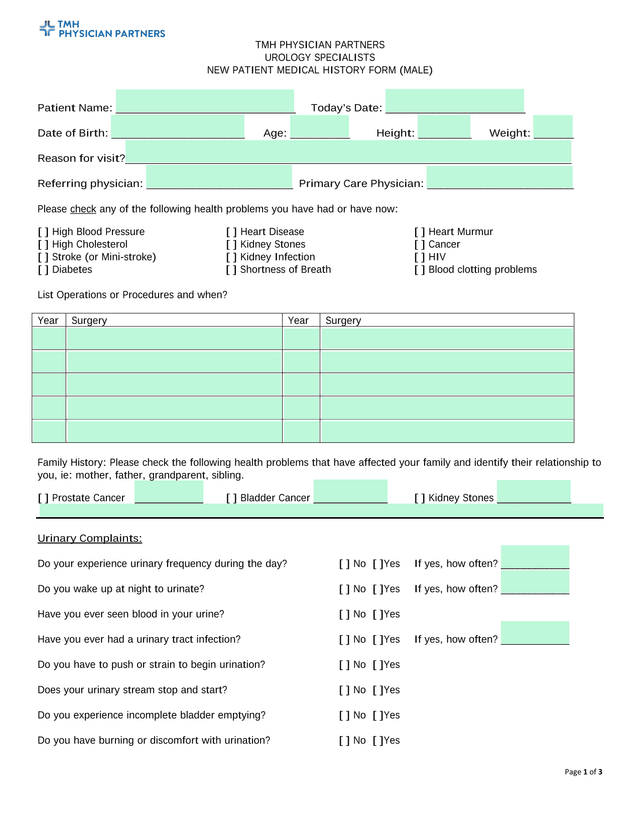 New Patient Medical History Form (Male) screenshot