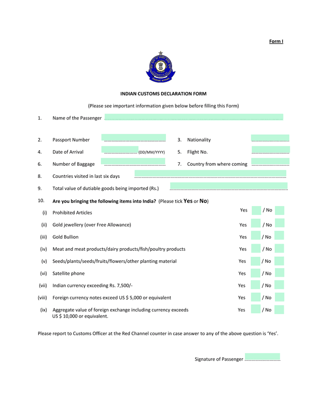 Indian Customs Declaration Form screenshot