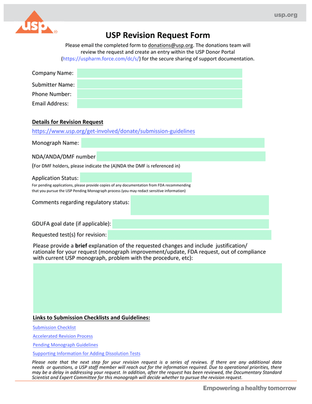 USP Revision Request Form screenshot