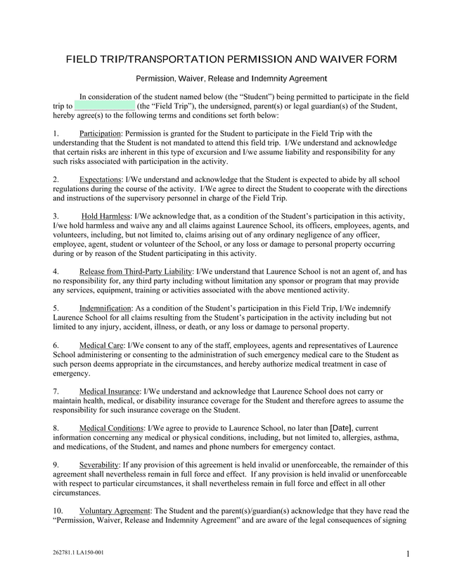 FIELD TRIPTRANSPORTATION PERMISSION AND WAIVER FORM screenshot