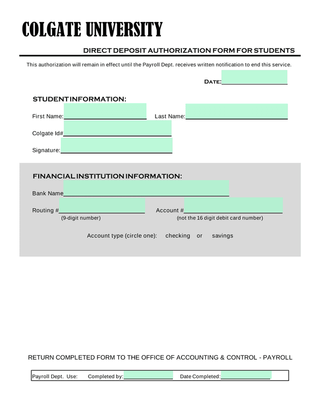 DIRECT DEPOSIT AUTHORIZATION FORM FOR STUDENTS screenshot