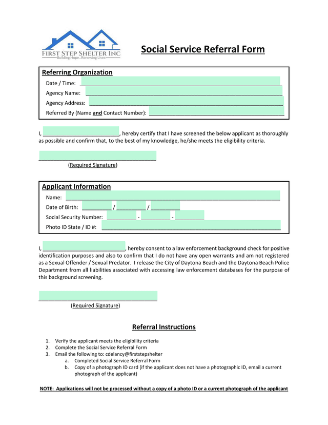 Social Service Referral Form screenshot