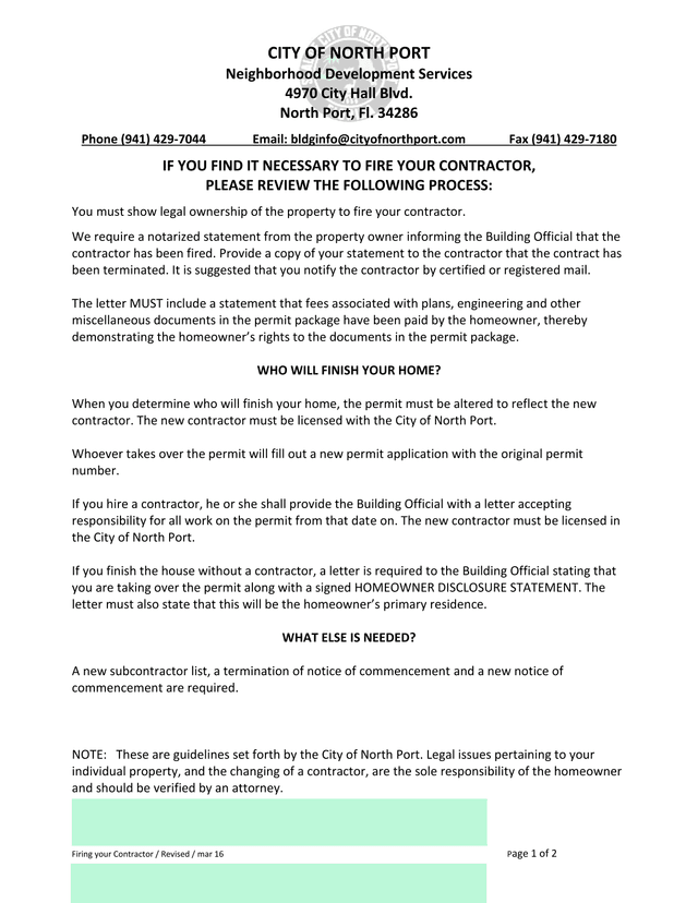 Firing Your Contractor  Building Division Informational Worksheet screenshot