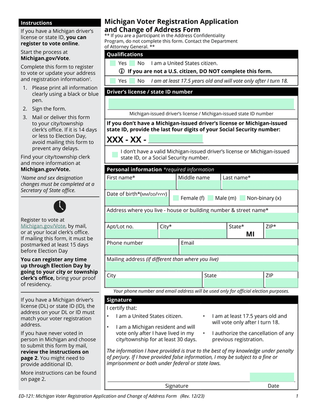 ED 121 Michigan Voter Registration Application And Change Of Address Form screenshot
