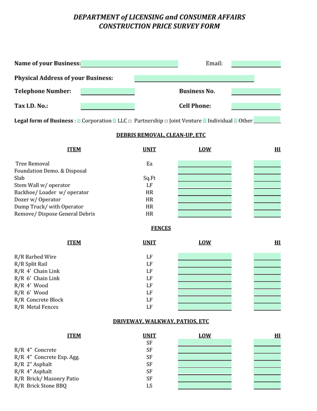 CONSTRUCTION PRICE SURVEY FORM screenshot