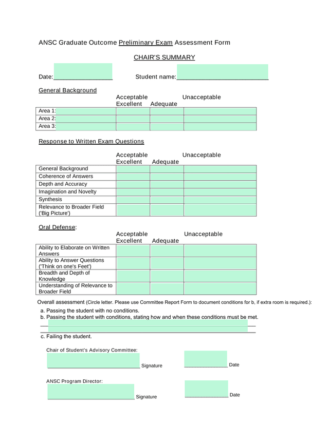 ANSC Graduate Outcome Preliminary Exam Assessment Form screenshot