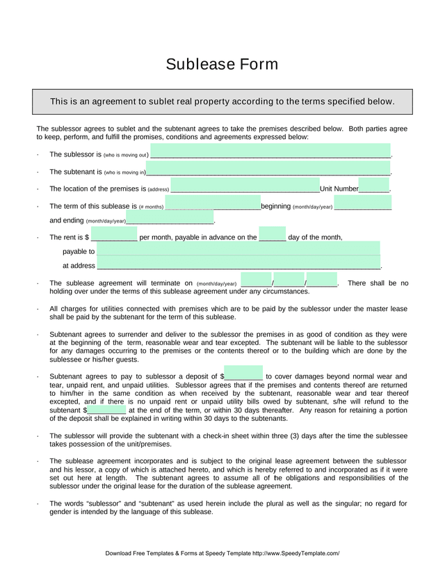 Sublease Form screenshot