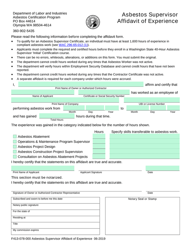 F413 078 000 Asbestos Supervisor Affidavit Of Experience screenshot