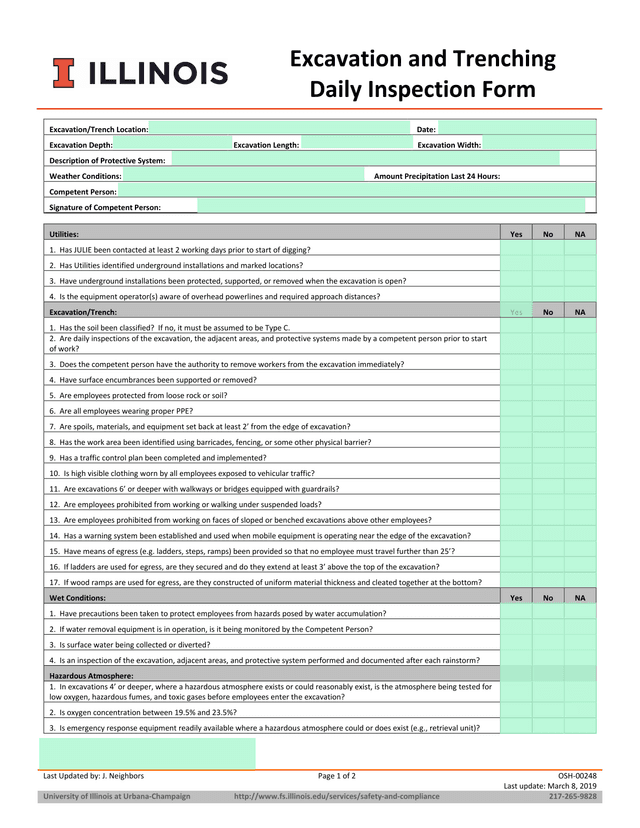 Excavation And Trenching Daily Inspection Form screenshot