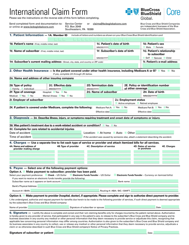 International Claim Form screenshot