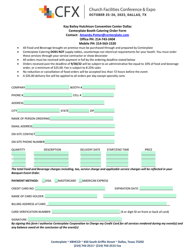 Centerplate Booth Catering Order Form screenshot