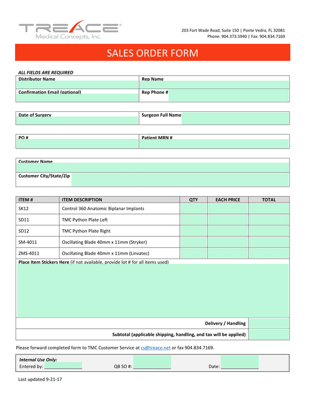 SALES ORDER FORM screenshot