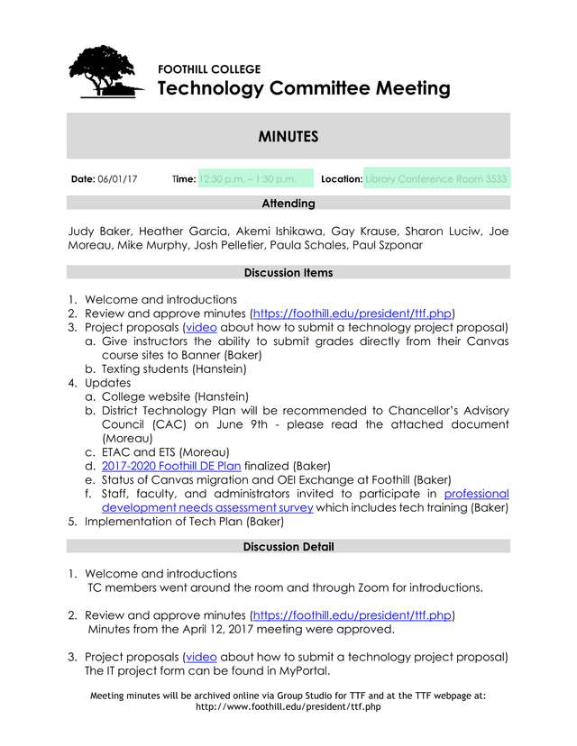 Foothill College Technology Committee Meeting Minutes screenshot