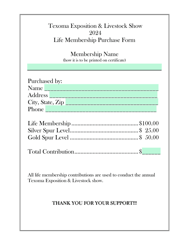 Texoma Exposition  Livestock Show Life Membership Purchase Form screenshot