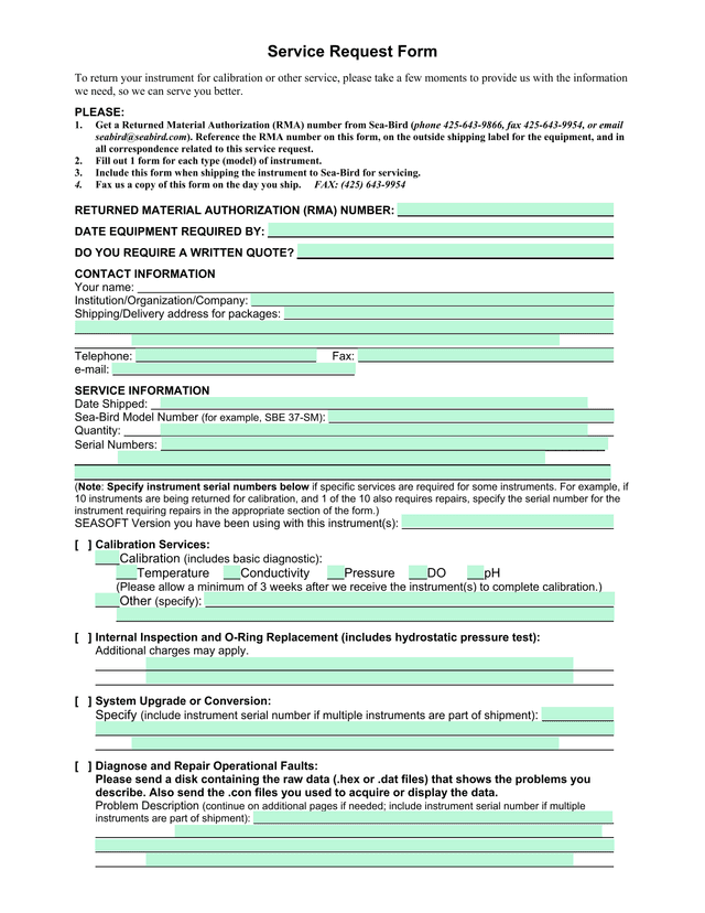 Service Request Form screenshot