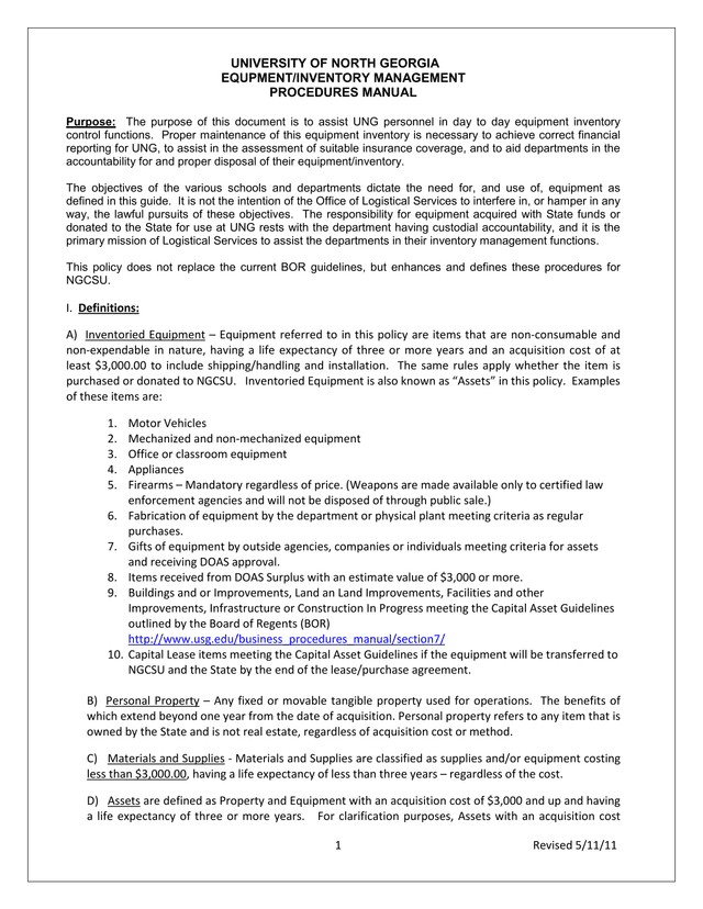UNIVERSITY OF NORTH GEORGIA EQUIPMENTINVENTORY MANAGEMENT PROCEDURES MANUAL screenshot