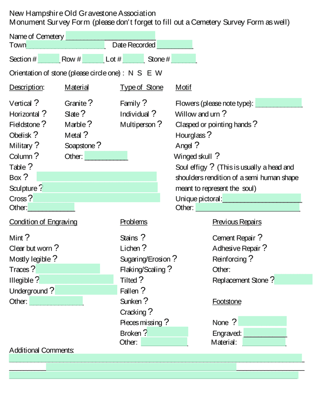 New Hampshire Old Gravestone Association Monument Survey Form screenshot